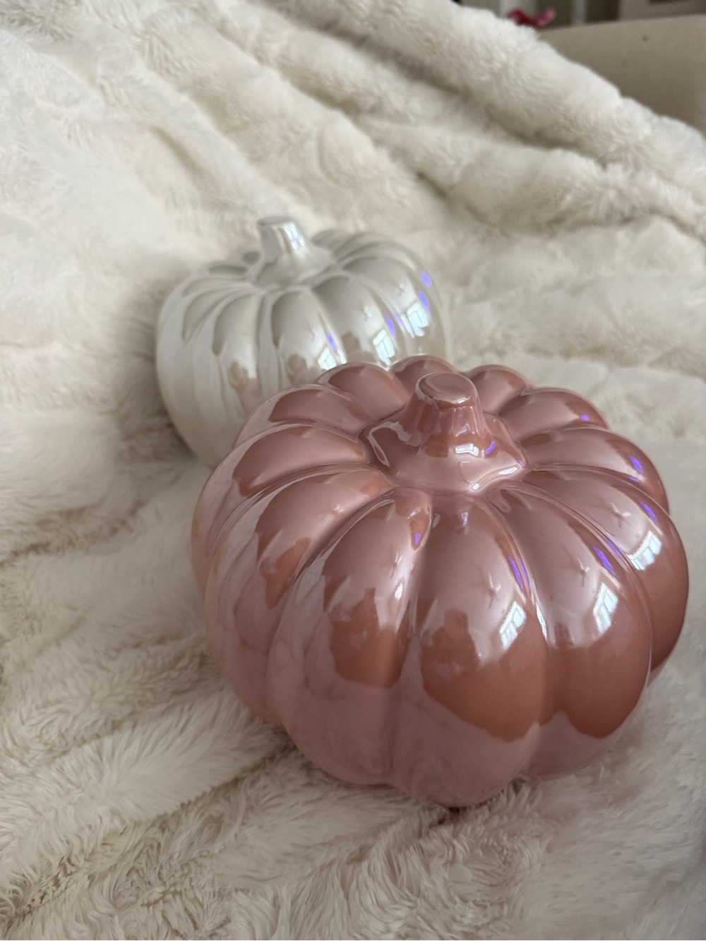 Ceramic Pumpkin Duo-Pink& White-iridescence make these 2 unique & beautiful